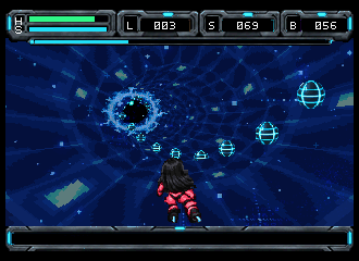 Rin skating toward a circular Terminus in a blue conduit