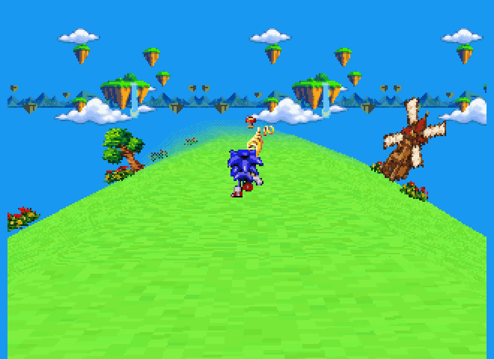 Sonic running along a bright green road with floating islands in a Saturn emulator capture